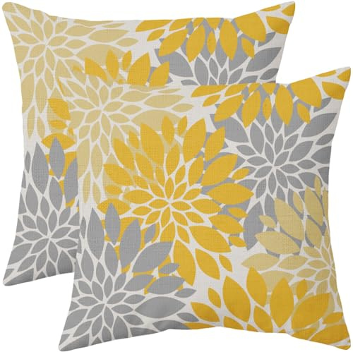 Robvobe Yellow Flower Pillow Covers 16x16 Set of 2 Grey Gray Dahlia Modern Geometry Floral Decorative Throw Pillows Outdoor Farmhouse Holiday Pillowcases Cushion Case Decor for Home Sofa Couch Bed