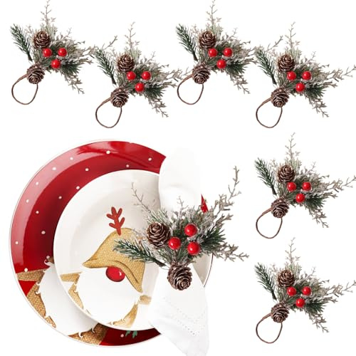 JWTRSVTY 6 PCS Weihnachten Tannenzapfen Serviettenringe, Rote Beere Und Kiefernzapfen Weihnachts Serviettenring Set, für Weihnachten Party Tisch Dekoration