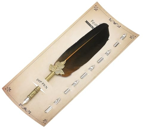 PATIKIL Federstift, 9.4/24cm Vintage Kalligraphie Stifte mit 5 Stück Schreibfeder, Gänsefedern Schönschreibfüller Feder zum Schreiben Büro Hochzeit Unterschriften, Braun