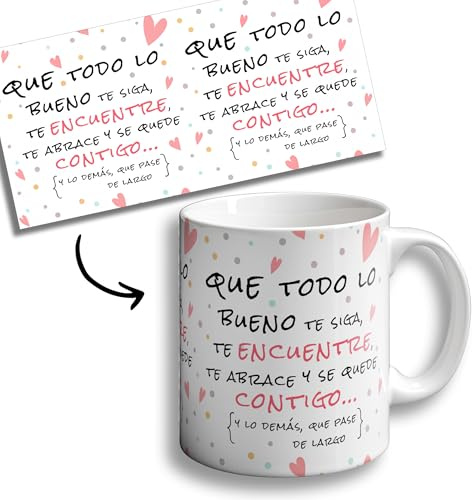 OOPS Taza Que Todo lo Bueno te siga te encuentre y te abrace - Tazas originales - 350 ml - Tazas con Frases motivacionales (TAZA)
