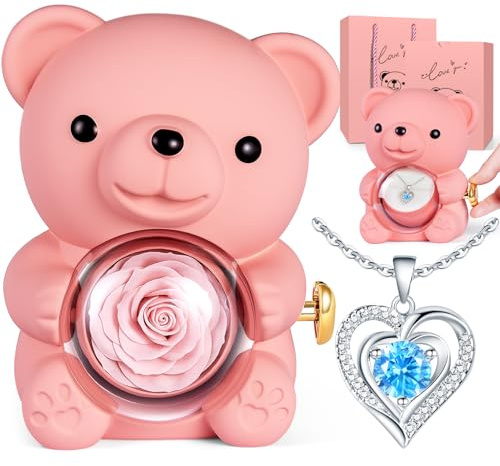 Aloskart Orsetto di Rosa Eterna con Collana a cuore, Regalo Donna | Orso San Valentino con Collana e Rosa Eterne, Idee Regalo per Fidanzata Moglie Mamma, per Compleanno Natale Anniversario