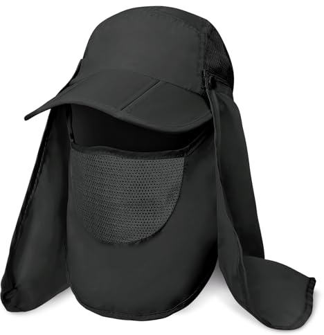 Kiiwah Solhatt med nackskydd UPF50+ | Vikbar fiske- och vandringshatt för strand, trädgårdsarbete | avtagbart visir (55–60 cm), Svart, one size