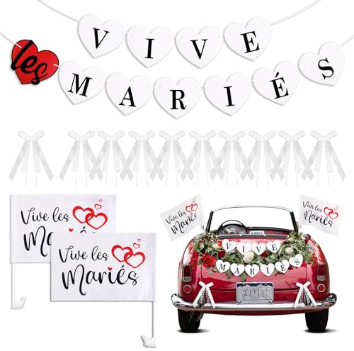 2pcs Drapeau pour voiture imprimé Vive Les Mariés +Bannière Vive Les Mariés Banderole de Mariage en Forme de Coeur + 10pcs Nœuds Blancs avec mini Cœurs Decorative Decoration pour Mariage