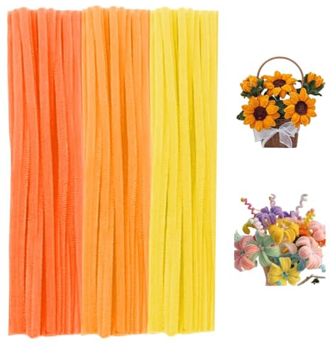 Pfeifenreiniger Blumen Set, 300 Stück Pfeifenputzer zum Basteln - 30 cm Lange Chenilledraht in 3 Farben, Pastell & Candy Farbverlauf für DIY Blumen, Deko, Kunsthandwerk (Gelb)