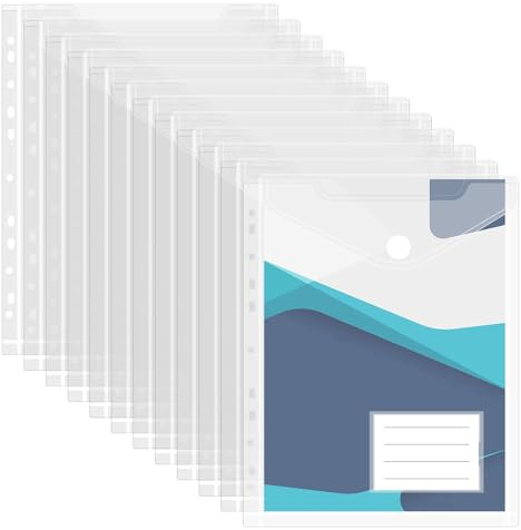 Dokumentmapp A4 för arkivering, transparent, dokumentväska A4 med tryckknapp, transparent dokumentmapp, kuvert med 11 hålkant, vattentät samlarmapp för dokument (12 st)