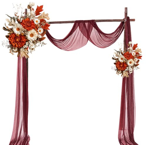 BEELUKY Querbehang Hochzeit Vorhang Rotwein 75x800cm Querbehang Freihanddeko mit 22m Satinband Hochzeitsbogen Gardinen für Wohnzimmer Hochzeitsfeier Zeremonie Bühnendekoration