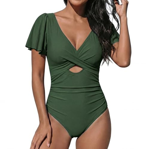 OUSIMEN One-Piece Swimsuit V Cut Out Monokinis Neck Bathing Fashion Swimsuit, army_green, XXL