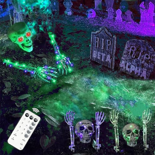 Halloween Leuchtende Skelett Totenkopf Set, 1 Totenkopf & 2 Schädel Hände mit 2 Stück 3 Meters 30 LED Lila und Grün Lichterkette & Fernbedienung, Horror Skelett Deko für Garten Rasen Friedhof Party