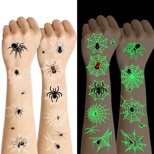TAXTYHRE Tattoo Kinder, 10 Blatt Leuchtende Halloween Tattoos, Halloween Tattoos für Mädchen Jungen, Realistisch Spinnennetz Tattoo Aufkleber, für Kindergeburtstag Mitgebsel Karneval Cosplay