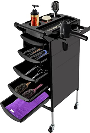 Mqwdxzfes Carrello da salone a 6 ripiani, con 5 cassetti e 2 vassoi laterali, 4 ruote, per parrucchieri, cosmetologia, carrello portautensili