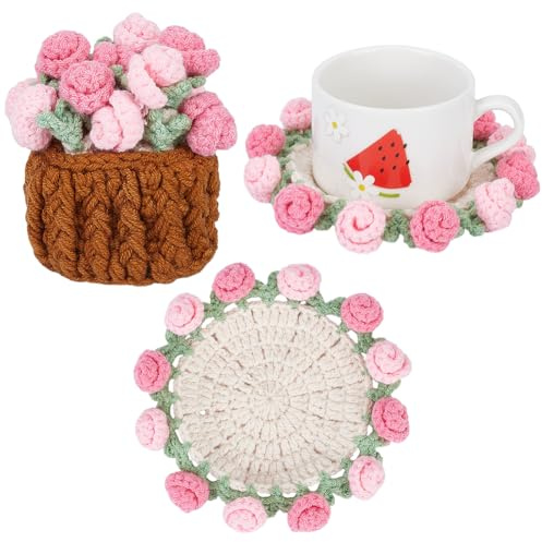 CRAFTYMELODY Set di sottobicchieri all'uncinetto a mano, in filato di lana con motivo floreale, presine con cesto di fiori, sottobicchieri decorativi morbidi