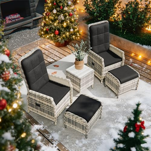 Gotland Rattan Gartenmöbel Set Lounge Möbel Outdoor, Verstellbares 2-Sitzer Terrassenmöbel Außen mit 118° Rückenlehne & Fußhocker, Hochwertige Polster & Glastisch, Wetterfest (Schwarz)