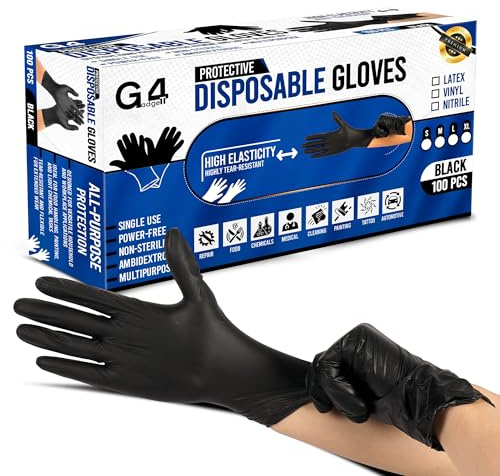 G4GADGET Guanti usa e getta in nitrile nero, taglia S, confezione da 100, senza lattice, senza polvere, per uso alimentare, resistenti alle forature, per tatuaggi, nail art, pulizia, dettagli auto e