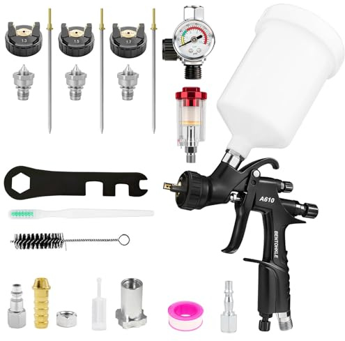 BENTOHKLE A610 LVLP Air Spray Gun with 1.3/1.5/1.7mm Nozzles& Air Gauge, R500 Automotive Paint Gun Sprayer for Car, House Painting, Industrial Coating