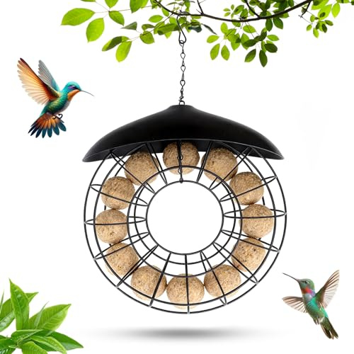 GZRXIOU Meisenknödelspender, Meisenknödelhalter zum Aufhängen, Bird Feeder, Maisenknödelhalter, Meisenknödelspender Mit Dach Garten Und Balkon, Vogelfutterspender Schwarz Rund Ganzjährig für Wildvögel
