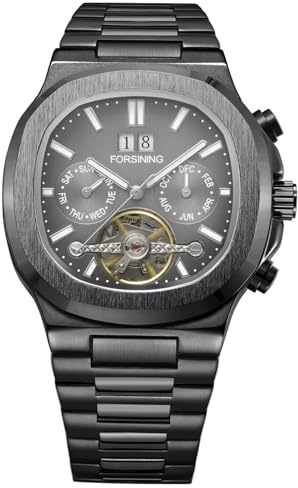 DAXIAOYU mode företag män automatisk mekanisk klocka Tourbillon multifunktionell komplett kalender lysande klockor i rostfritt stål, Svart, Lyx