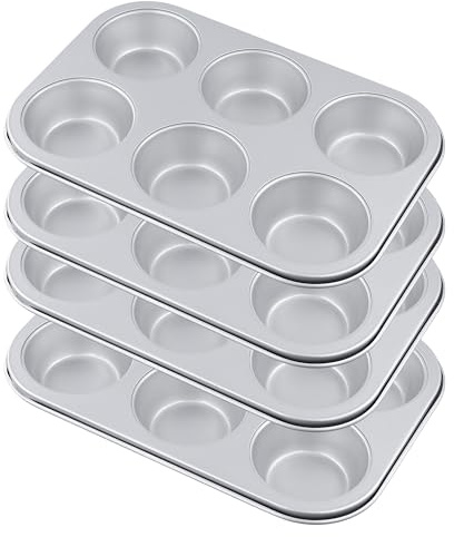 HEIHAK 4 Pack 6 Cup Muffin Tin, Non Stick Cupcake Pan, Silver | Carbon Steel, Oven Safe, 26.5x18x3cm, Baking Tray for Yorkshire Pudding, Pie, Biscuit
