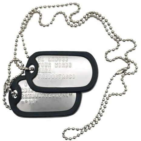TheDogTagCo Militära identitetsbrickor – uppsättning av 2 personliga nickelpläterade ID-taggar i rostfritt stål med kulkedjor och ljuddämpare, arméstil, dog tags, läs beskrivningen för att se hur man skräddarsyr