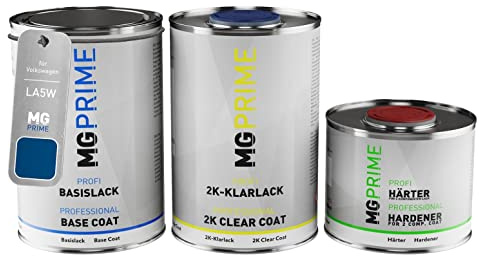 MG PRIME Autolack Dosen für Volkswagen VW LA5W / A5W / 5Z Ravennablau. 2,5L | Blue Lagoon Metallic / Ravennablau Metallic, Set aus Basislack + 2K Klarlack + Härter, Literware, spritzfertig
