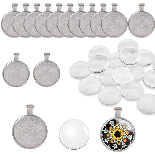 DAHI Anhänger Lünette Runde Tabletts mit 25 mm runde Glas Kuppel Fliesen klar Cameo