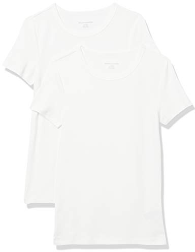 Amazon Essentials Damen Kurzärmeliges T-Shirt mit Rundhalsausschnitt, Schmale Passform, 2er-Pack, Weiß, S