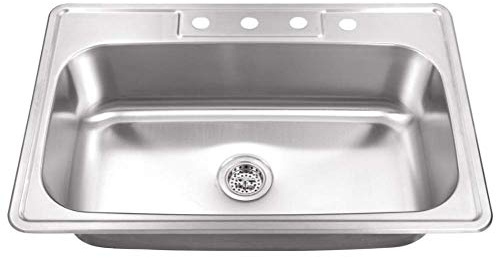 Magnolia Sinks Kitchen Sink Stainless Steel Drop In Top Mount 33 x 22, 4 hole (33 inch Drop-In Topmount Single Bowl) Self Rimming