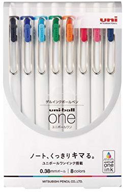 Uni Ball One, Gel Ink 0.38mm Ballpoint Pen, 8 Colors Set (UMNS388C)