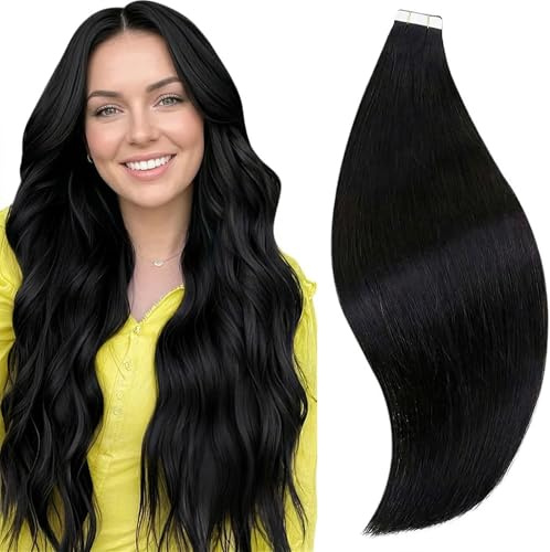 RUNATURE Tape in Extensions Echthaar Schwarz 25cm 20pcs 30g #1B unsichtbar | Nahtlose Tape-Integration Mit Remy Haar – Hitzebeständig, Pflegeleicht. Natürliches Schwarz, Atmungsaktiv, Federleicht.
