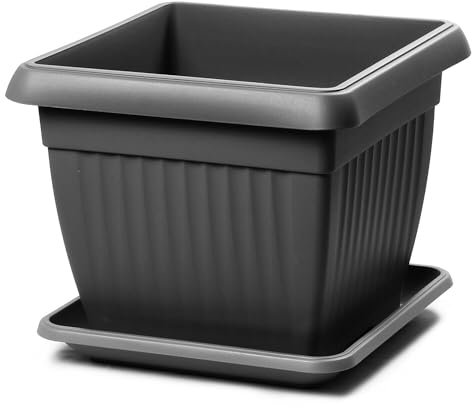 IMJ-Global Vaso Fioriera con Sottovaso per piante Fiori TERRA DKWT30-PKWT27 H25 da interno esterno Quadrato Nero 13,8 Litri 30x30x25 cm design Classico in plastica da balcone Grigio Antracite