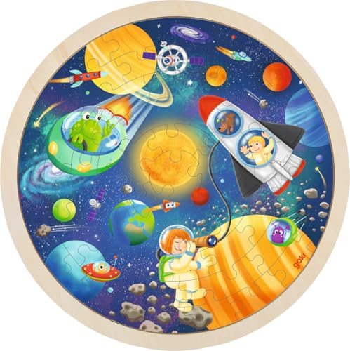 goki 57365 - Einlegepuzzle Weltall - 57 Teile aus Holz - Rundes Einlegepuzzle - für Kinder ab 4 Jahren