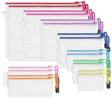 18 Paket 8 GrößEn Reiß Verschluss Netz Beutel, Wasserdichte Reiß Verschluss Akten Beutel Dokumenten Tasche Mehrzweck (9 Farben)