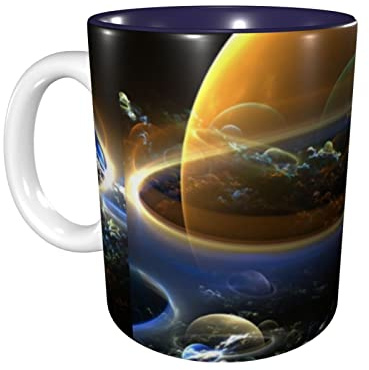 Lsjuee Tazas de café con pintura de paisaje del universo, taza de cerámica de 11 OZ para la oficina y el hogar taza interior azul marino