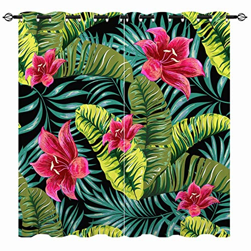 YUANZU Tropische Vorhänge Palme Blumen Blätter Ösen Gardinen mit Blickdichte Thermo Vorhang Kälteschutz Blackout Curtain Wohnzimmer Schlafzimmer Verdunkelung Fenster, 2 Stück, H 160 x B 132 cm