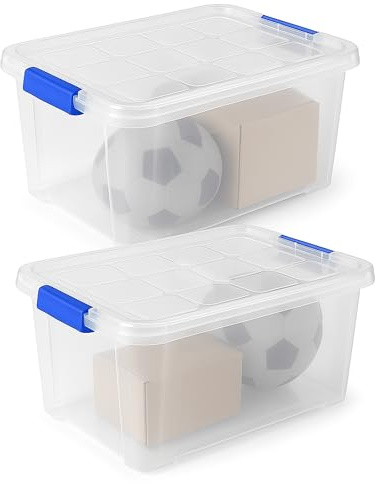 ForenTex Caja Almacenaje Plástico 16L con Tapa y Cierres (N1, 2 Uds) – Transparente, Apilable, para Juguetes, Zapatos, Documentos, Oficina y Hogar