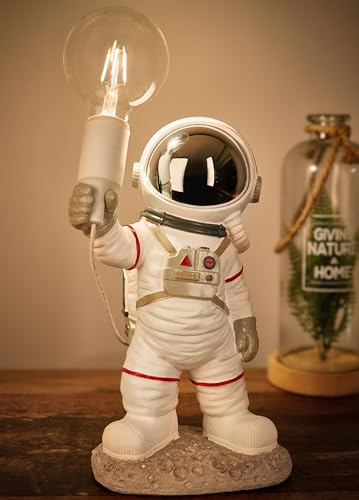 Brubaker Lampada da Tavolo Astronauta - Lampada da Comodino Spaziale da 40 cm con Presa E27 e Spina USB-C - Statua Decorativa del Viaggio Spaziale Dipinta a Mano - Bianco e Argento