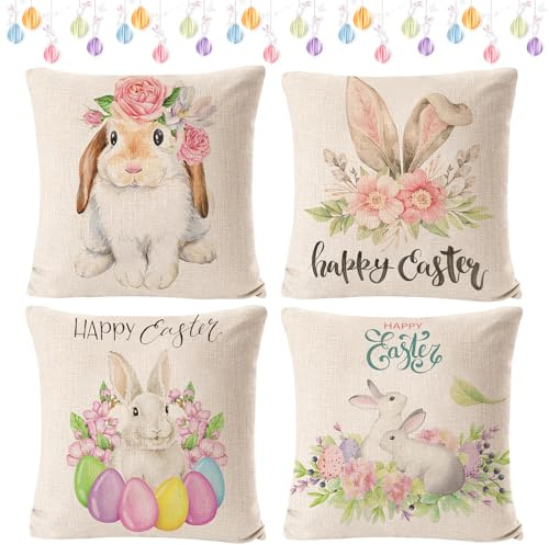 Forhome Funda Cojines 4Pcs Funda Pascua De Almohada De Conejos De Colores Funda De Cojín De Lino para Decoración De Pascua 45x45 Funda De Almohada para Cojines para Sofá Coche Cama Sillas Decoración