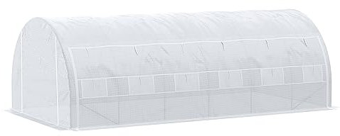 Outsunny Serra da giardino 18 m² dom. 6L x 3L x 2H m con porta + pareti laterali con cerniera arrotolabili, 12 finestre, acciaio PE ad alta densità 140 g/m² anti-UV, bianco