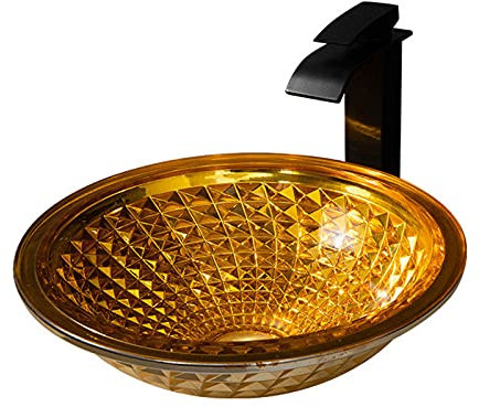 Badezimmer-Waschbecken, gehärtetes Glas, Aufsatzwaschbecken, runde Form, mit Pop-Up-Ablauf-Kombination, Befestigungsring und Wasserfall-Wasserhahn, Gold (Gold)