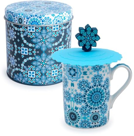 PracticDomus Taza para Infusiones 300 ml con Filtro y Tapa de Silicona en Lata Metálica (Arabesque)