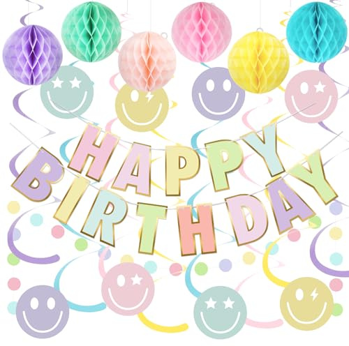 Happy Birthday Girlande Party Set,Pastell Geburtstagsdeko für Jung und Alt | Wiederverwendbar mit Wabenbällen, 8 Lächeln-Hängespiralen & Punktgirlanden, ideal für Innen- und Außen-Geburtstagspartys