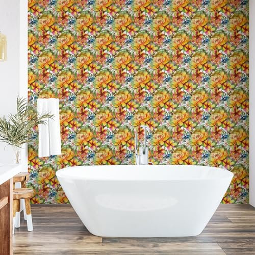 ABAKUHAUS Blumig abziehbare & klebbare Tapete für Zuhause, Retro Rosen Barock Blumen, selbstklebendes Wohnzimmer Küchenakzent, 33 cm x 250 cm, Senf Blasses Olivengrün