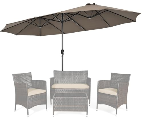 KOMFOTTEU Sombrilla Doble de 470 x 280 cm de Jardín, Parasol Grande con Manivela y 12 Varillas, Sombrilla Rectangular con Protección UV para Terreza, Mercado, Piscina, Patio, sin Base (Marrón)