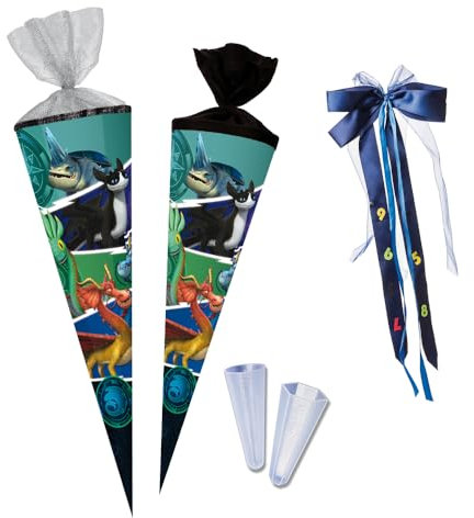 Nestler School Cone Set for Filling, Handmade Cardboard Sugar Cone - Licensed Motif Dragons - The Nine Realms, School Cone, Lace Protector, Bow (70 cm Round)