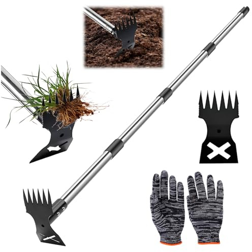 Audasi Extractor Malas Hierbas, Rastrillo Manual 2 en 1 y Azada de Jardín Herramientas Jardineria Extractor de Malas Hierbas con Mango Largo para Patio Césped Patio Rastrillo de Azada de Jardín