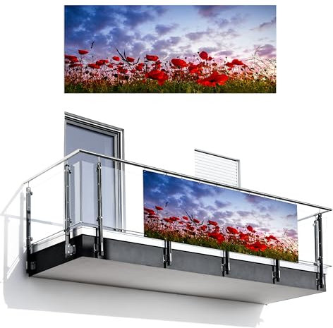 MuchoWow© Balkon Sichtschutz Einseitig 120x300 cm Groß PVC Kunststoff Garten Windschutz ohne Bohren Wetterfest Sichtschutzzaun Terrasse Balkonverkleidung Deko Panorama - farbenfroh - Mohnblumenfeld