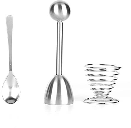 Sunicon Egg Cutter Topper Set, 3 pcs Stainless Steel Egg Opener Egg Whacker Poached Egg Separator Egg Cracker Tool with Eggshell Opener Spring Egg Cup Holder Spoon
