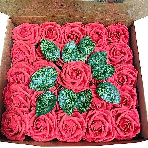 Blausky 1 Schachtel 25 Stück Künstliche Blumen Rosen,Fake Rosen mit Stielen,Deko Blumen Künstliche Blumenköpfe,Schaumrosen Foamrosen Kunstblumen,für Hochzeit Blumensträuße Zuhause Dekoration,Rot