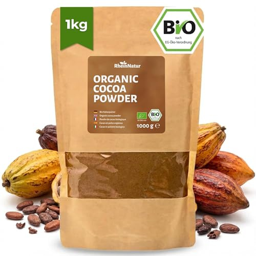 RheinNatur Poudre de cacao bio 1 kg – 100% pur cacao de qualité biologique, non sucré et sans additifs – Idéal pour la pâtisserie, le chocolat chaud et les smoothies – Sachet de 1000 g
