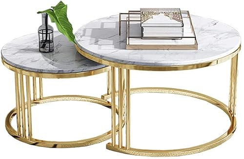 IUBGFTO Möbelakzent-Cocktailtisch, Beistelltisch, nordische runde Satztische, Couchtisch, Marmorplatte, Metallfuß, 2er-Set, für Wohnzimmer,Gold-D60+D45