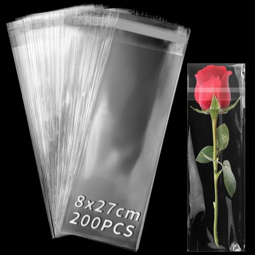 TXXATX 200 Stk Plastiktüte Cellophantüten Selbstklebend 8x27 cm Klare Zellophanbeutel Lange OPP Tütchen Wiederverschließbare Cellophantaschen für Kerzentüten Halskette Nüssen Süßigkeiten Biscuit Rod